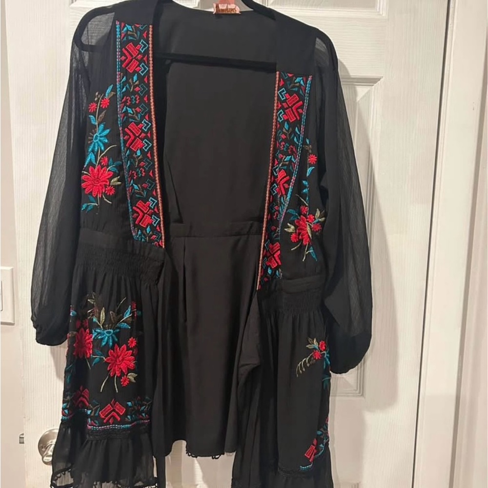 Black Sheer sleeve anthropologie mini wrap dress